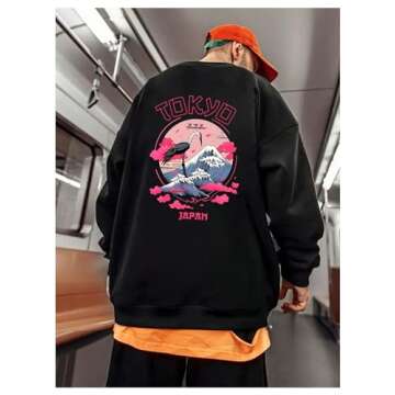 GORGLITTER Men's Letter Crane Graphic Crewneck Pullover Top Long Sleeve Drop Shoulder Sweatshirt Black Medium