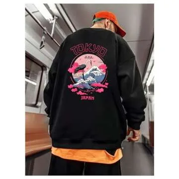 GORGLITTER Men's Letter Crane Graphic Crewneck Pullover Top Long Sleeve Drop Shoulder Sweatshirt Black Medium