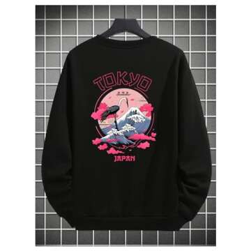 GORGLITTER Men's Letter Crane Graphic Crewneck Pullover Top Long Sleeve Drop Shoulder Sweatshirt Black Medium