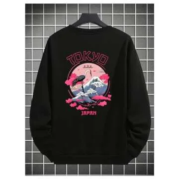 GORGLITTER Men's Letter Crane Graphic Crewneck Pullover Top Long Sleeve Drop Shoulder Sweatshirt Black Medium