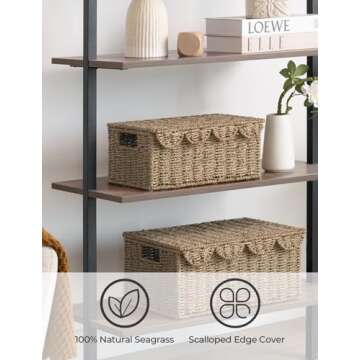 StorageWorks Scalloped Edge Wicker Basket with lid, Wicker Storage Basket with Built-in Handles, Handwoven Basket for Décor, Natural Seagrass Wicker Basket for Shelves, Nursery Room