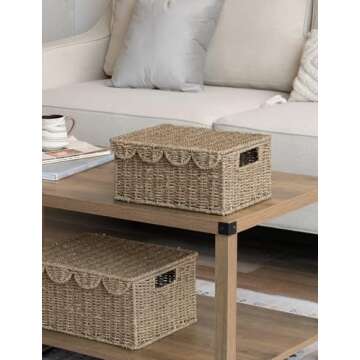 StorageWorks Scalloped Edge Wicker Basket with lid, Wicker Storage Basket with Built-in Handles, Handwoven Basket for Décor, Natural Seagrass Wicker Basket for Shelves, Nursery Room