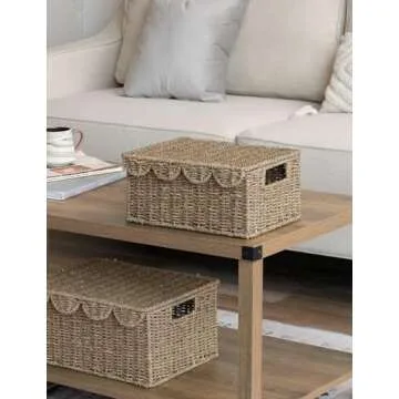 StorageWorks Scalloped Edge Wicker Basket with lid, Wicker Storage Basket with Built-in Handles, Handwoven Basket for Décor, Natural Seagrass Wicker Basket for Shelves, Nursery Room