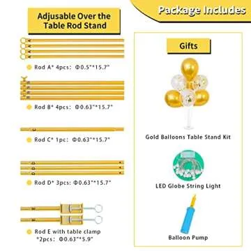 Adjustable Over The Table Rod Stand with Clamps, Gold Metal Balloon Flower Arch Stand 35"-50"Tall, 45"-90"Length Ideal for Weddings, Showers, Birthday, Halloween, Thanksgiving Party Decorations