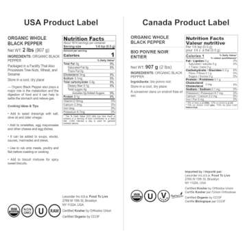 Food to Live Organic Black Pepper 2 Pounds Whole Peppercorns