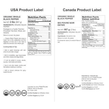 Food to Live Organic Black Pepper 2 Pounds Whole Peppercorns