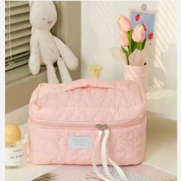 GOLD XIONG PADISHAH 2023 New Quilted Makeup Bag Large Travel Cosmetic Bag Cotton Cosmetic Pouch Cute Makeup Pouch Portable Toiletry Bags for Women Girls(Large, Pink)