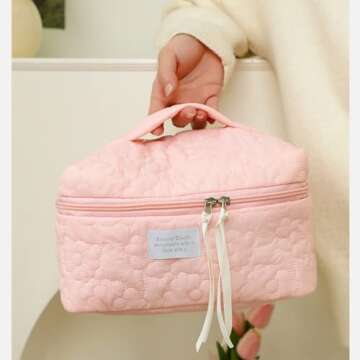 GOLD XIONG PADISHAH 2023 New Quilted Makeup Bag Large Travel Cosmetic Bag Cotton Cosmetic Pouch Cute Makeup Pouch Portable Toiletry Bags for Women Girls(Large, Pink)