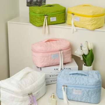 GOLD XIONG PADISHAH 2023 New Quilted Makeup Bag Large Travel Cosmetic Bag Cotton Cosmetic Pouch Cute Makeup Pouch Portable Toiletry Bags for Women Girls(Large, Pink)