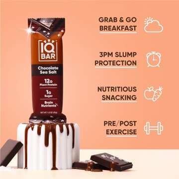 IQBAR Brain and Body Plant Protein Bars - Chocolate Sea Salt - 24-Count Low Carb - Gluten Free, High Fiber, Vegan Snacks - Low Sugar Meal Replacement