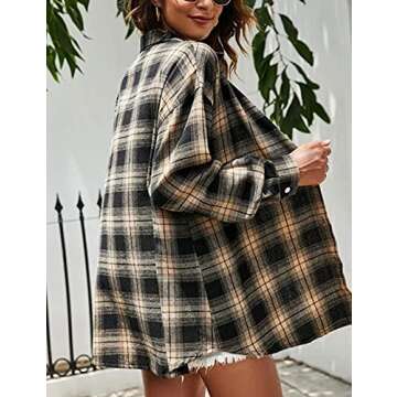 Zontroldy Womens Yellow Flannel Plaid Shirt Button Down Long Sleeve Casual Oversized Blouse Tops (0228-Khaki-L)