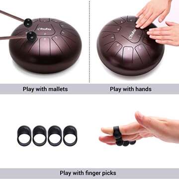 Ohuhu 10 Inch Steel Tongue Drum 11 Notes D Major for Kids and Adults with Rubber Mallets, Finger Picks and Padded Travel Bag