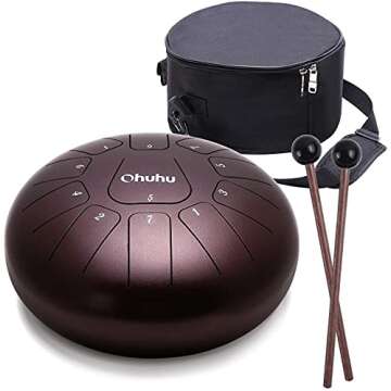 Ohuhu 10 Inch Steel Tongue Drum 11 Notes D Major for Kids and Adults with Rubber Mallets, Finger Picks and Padded Travel Bag