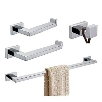BigBig Home Chrome Bathroom Hardware, Silver Bathroom Accessories Sets Includes 24'' Towel Bar Toilet Paper Holder Towel Ring Robe Hook 4 Pieces