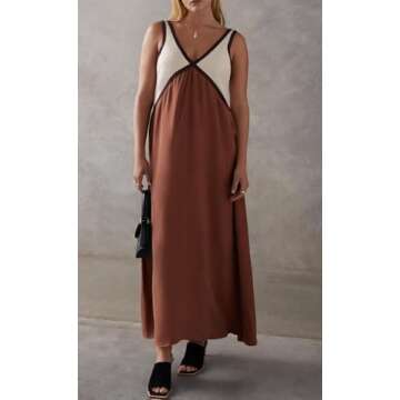 Qhecomce Sleevless Long Dresses Summer 2024 Patchwork Sundress Women Y2k Dress Satin V Neck Maxi Dress Boho Summer Sundress (Brown, Small)
