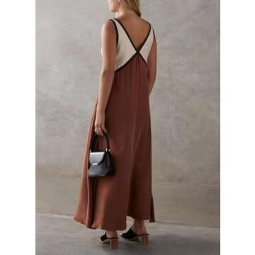 Qhecomce Sleevless Long Dresses Summer 2024 Patchwork Sundress Women Y2k Dress Satin V Neck Maxi Dress Boho Summer Sundress (Brown, Small)