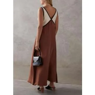 Qhecomce Sleevless Long Dresses Summer 2024 Patchwork Sundress Women Y2k Dress Satin V Neck Maxi Dress Boho Summer Sundress (Brown, Small)