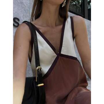 Qhecomce Sleevless Long Dresses Summer 2024 Patchwork Sundress Women Y2k Dress Satin V Neck Maxi Dress Boho Summer Sundress (Brown, Small)