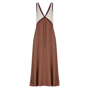 Qhecomce Sleevless Long Dresses Summer 2024 Patchwork Sundress Women Y2k Dress Satin V Neck Maxi Dress Boho Summer Sundress (Brown, Small)