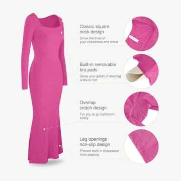 Popilush Long Sleeve Formal Dress for Women Bodycon Maxi Dresses Shapewear Tummy Control Fall Cocktail Dress Built-in Bra Pink