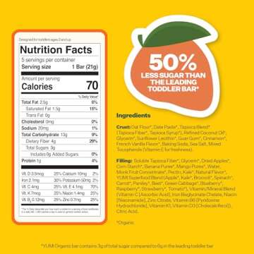Yumi Organic Toddler Snacks Bars - Gluten-Free, No Added Sugar, 7+ Vegetables, Soft-Baked Crust, Yumi Bars Healthy Toddler Organic Snacks - School Safe and for Lunch Boxes, Mango & Kale (30ct.)