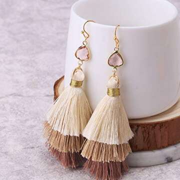KELITCH Bohemian Crystal Pearl Tassel Earrings for Women