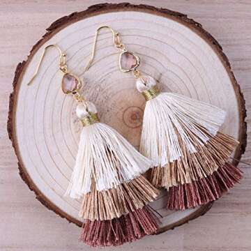 KELITCH Bohemian Crystal Pearl Tassel Earrings for Women