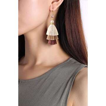 KELITCH Bohemian Crystal Pearl Tassel Earrings for Women