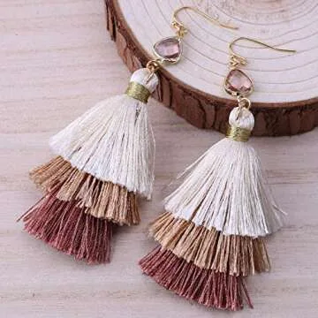 KELITCH Bohemian Crystal Pearl Tassel Earrings for Women