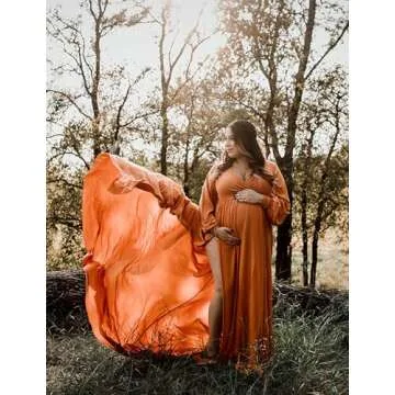 Maternity Gown Bishop Sleeves Baby Shower Dress Wrap Side Slit Sweetheart Maxi Photo Shoot for Photo...