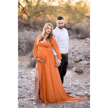 Maternity Gown Bishop Sleeves Baby Shower Dress Wrap Side Slit Sweetheart Maxi Photo Shoot for Photography（ Burnt Orange L ）