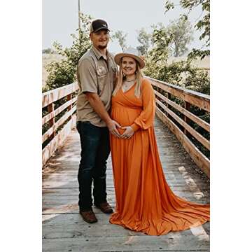 Maternity Gown Bishop Sleeves Baby Shower Dress Wrap Side Slit Sweetheart Maxi Photo Shoot for Photography（ Burnt Orange L ）