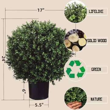 Real Touch Leaves Artificial Topiary Trees, 24" T with 17" W Faux Boxwood, Set of 2 UV Resistant Plants, Decorative Indoor Outdoor Trees with 6"x5" Pots for Home, Office, and Garden Decor