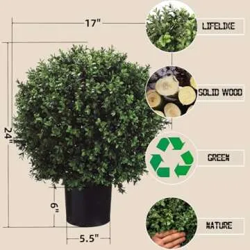 Real Touch Leaves Artificial Topiary Trees, 24" T with 17" W Faux Boxwood, Set of 2 UV Resistant Plants, Decorative Indoor Outdoor Trees with 6"x5" Pots for Home, Office, and Garden Decor