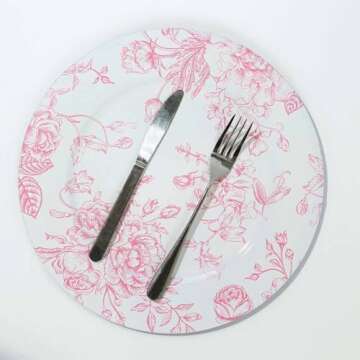 Efavormart 6 Pack White Pink Floral Acrylic Charger Plates in French Toile Pattern, Round Dinner Cha...