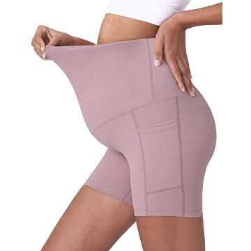 POSHDIVAH Women's Maternity Yoga Shorts Over The Belly Bump Summer Workout Running Active Short Pants with Pockets Pink 5" Small