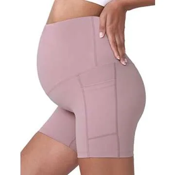 POSHDIVAH Women's Maternity Yoga Shorts Over The Belly Bump Summer Workout Running Active Short Pants with Pockets Pink 5" Small