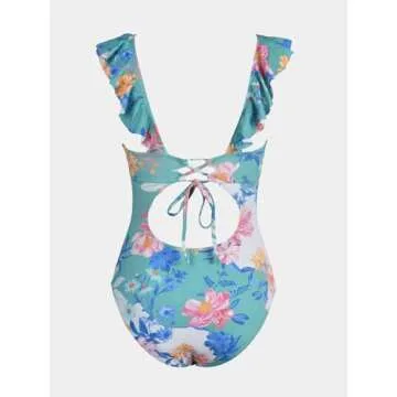 CUPSHE Women's Ruffled One Piece Swimsuit V Neck Lace Up, M