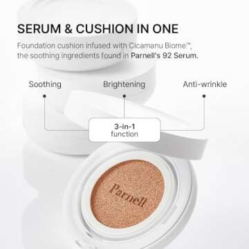Parnell Cicamanu Serum Cushion - Moisturizing Foundation for Soothing, Coverage, Glass Skin and Lightweight for Sensitive and Dry Skin Pearl Skin (0.52 Fl Oz) (#21 Fair Ivory)