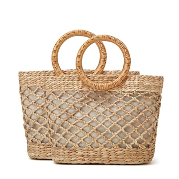 Women Beach Bag Straw Woven Tote Summer Rattan Boho Handbag Moon Basket Bamboo Top Handwoven Purse Jute Wicker Cute Braid Bride Travel Bags