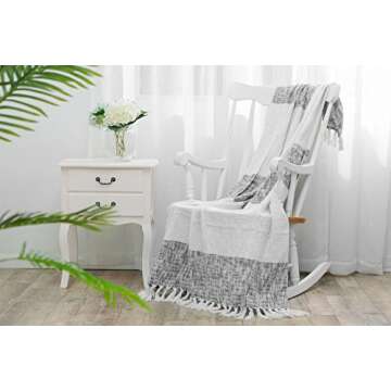 NordECO 100% Cotton Throw Blanket with Tassels, Breathable Washable Lightweight and Soft Throws for Daily Use, Black and White, 50"x 60"