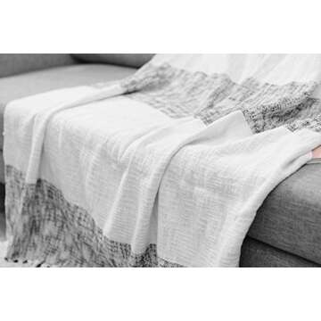 NordECO 100% Cotton Throw Blanket with Tassels, Breathable Washable Lightweight and Soft Throws for Daily Use, Black and White, 50"x 60"