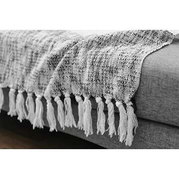NordECO 100% Cotton Throw Blanket with Tassels, Breathable Washable Lightweight and Soft Throws for Daily Use, Black and White, 50"x 60"
