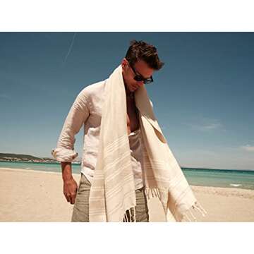 SMYRNA TURKISH COTTON Heritage Series Turkish Beach Towel Oversized, 37x71 inch, Extra Large Quick Dry Sand Free Beach Blanket, Lightweight Cotton Pool, Spa, Travel, Gym, Adult Bath Towel, Beige