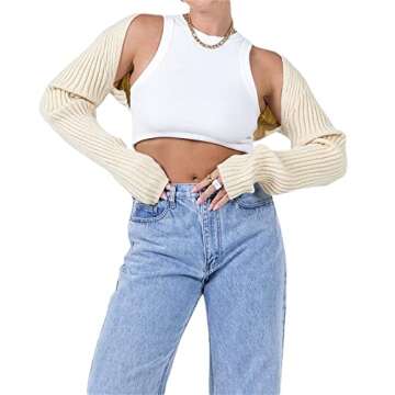 NUFIWI Y2k Women Long Sleeve Crop Top Shrug Cardigan Crochet Color Block Bolero Ribbed Knit Tops Patchwork Tee Shirts Cute Streetwear(Bolero Beige,M)