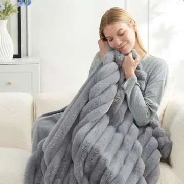 Cozy Bliss Faux Fur Throw Blanket for Couch, Cozy Warm Plush Striped Blanket for Sofa Bedroom Living...