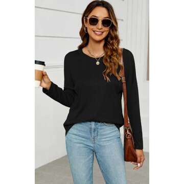 Black Tunic Tops for Women Dressy Casual Long Sleeve Drop Shoulder Trendy 2024 Fall Clothes Black L