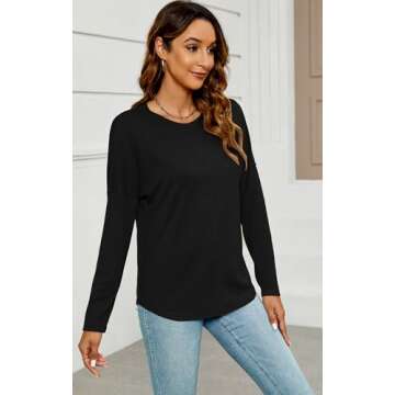 Black Tunic Tops for Women Dressy Casual Long Sleeve Drop Shoulder Trendy 2024 Fall Clothes Black L