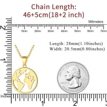 Earth Necklace 18K Gold Plated Sterling Silver World Map Charm Round Pendant Earth Disc Pendant Necklace Vintage Jewelry for Women Men Graduation Necklace Graduation Gifts for Her Him