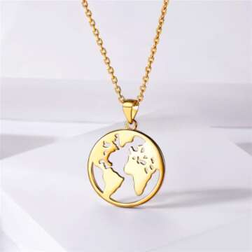 Earth Necklace 18K Gold Plated Sterling Silver World Map Charm Round Pendant Earth Disc Pendant Necklace Vintage Jewelry for Women Men Graduation Necklace Graduation Gifts for Her Him